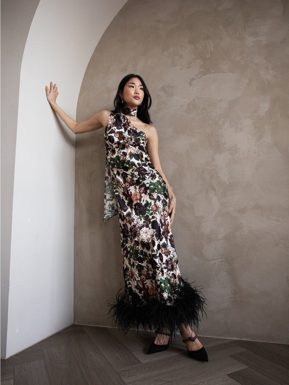 Vasiliki Atelier Liya One Sleeve Maxi Dress with Feather Trim - NWT